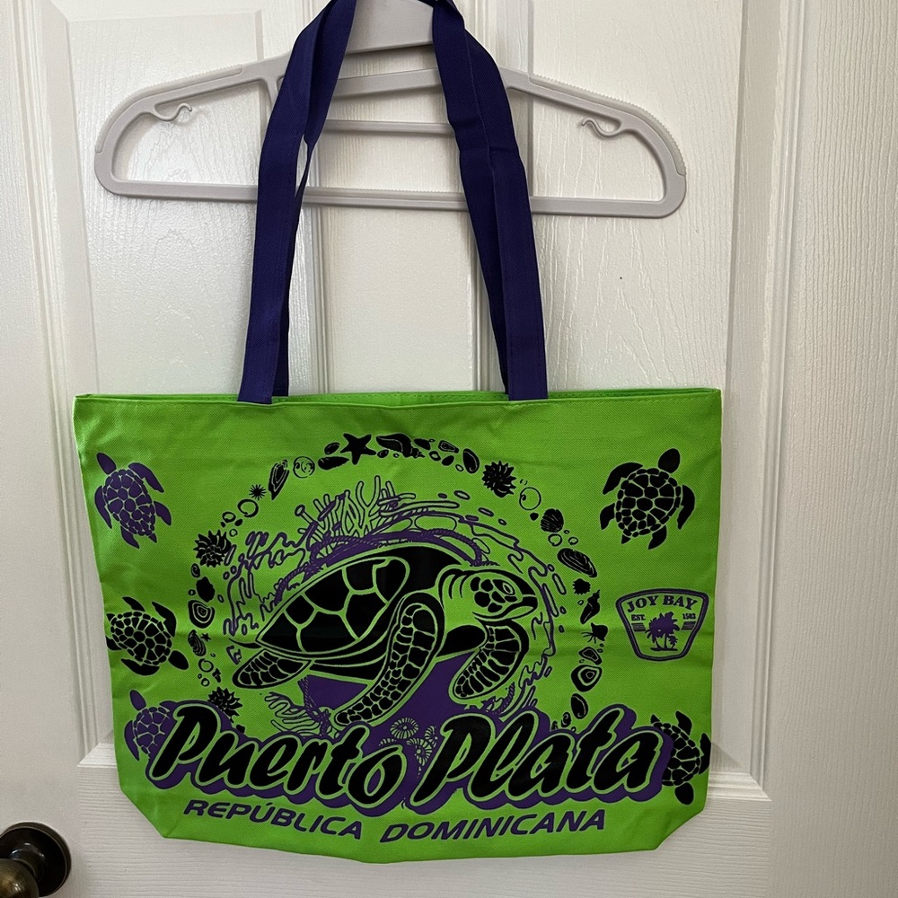 Puerto Plata Green Turtle Tote Bag with Purple Handles